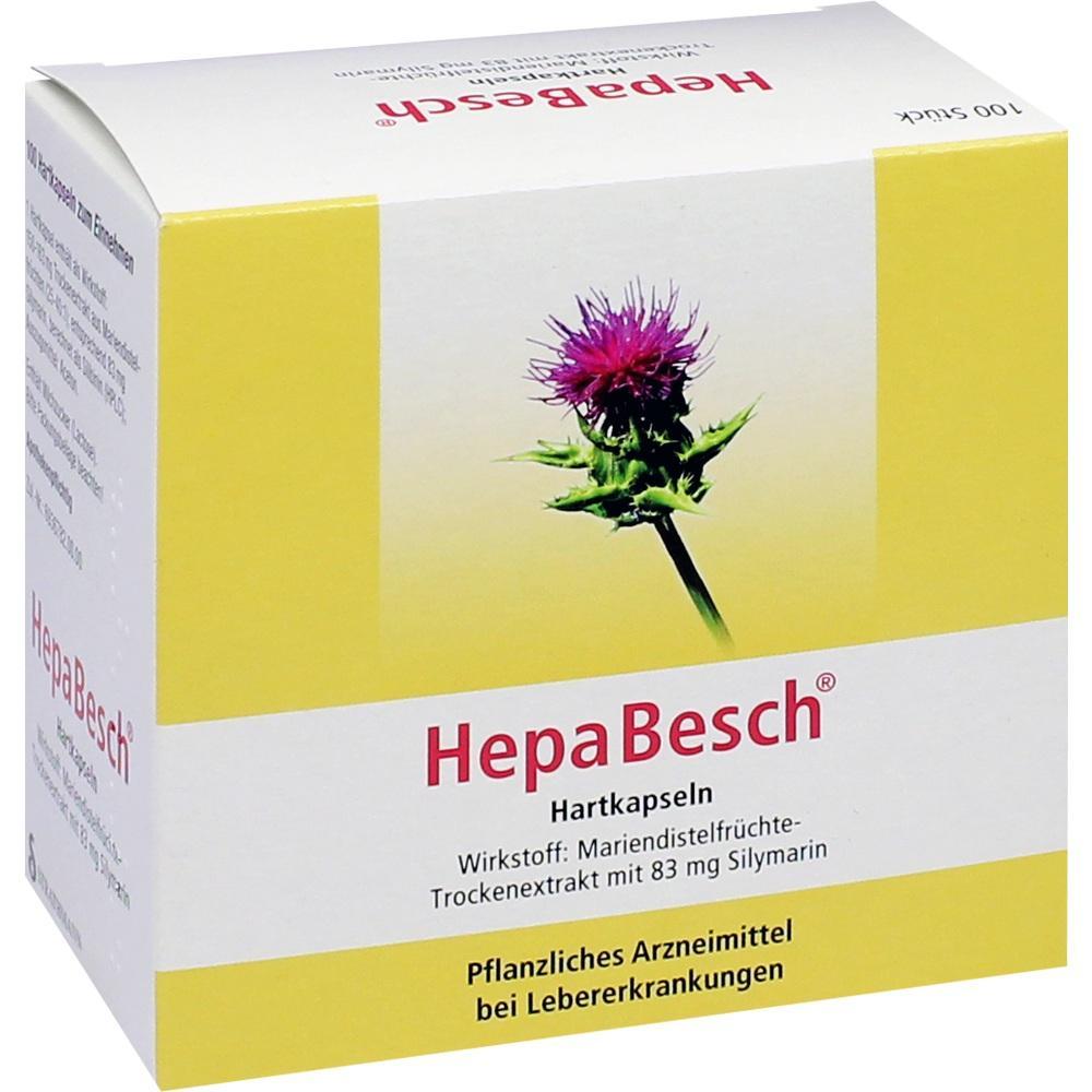 Eine Verpackung von HepaBesch-Kapseln mit einem Bild einer lila Distelbl&uuml;te.