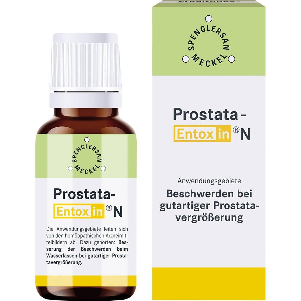 Ein braunes Fl&auml;schchen mit der Aufschrift "Prostata-Entoxin N" steht neben der Verpackung.