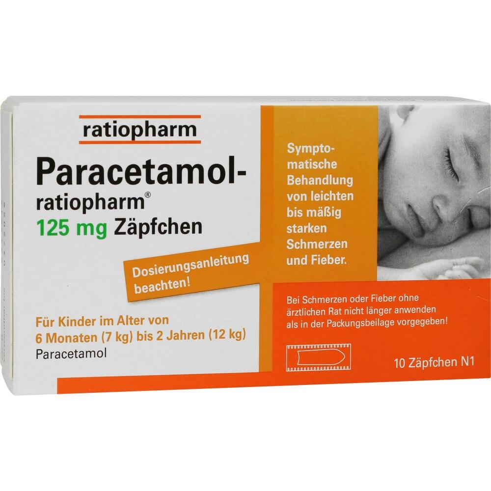 Eine Packung Paracetamol-Z&auml;pfchen f&uuml;r Kinder mit 125 mg zur Fiebersenkung.