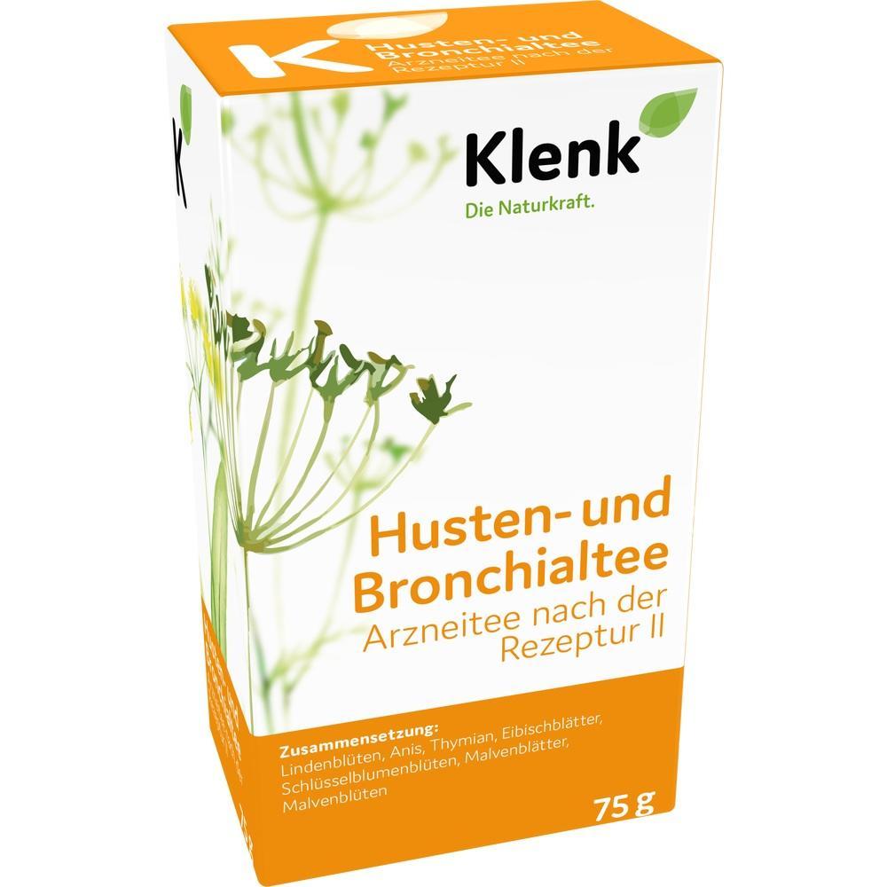 Verpackung eines Husten- und Bronchialtees mit Pflanzenmotiv.