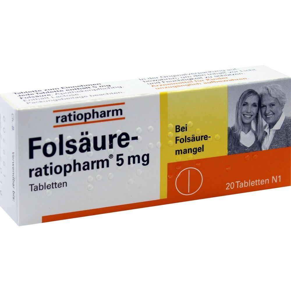 Schachtel mit Fols&auml;ure-Tabletten von Ratiopharm, 20 St&uuml;ck gegen Fols&auml;uremangel.