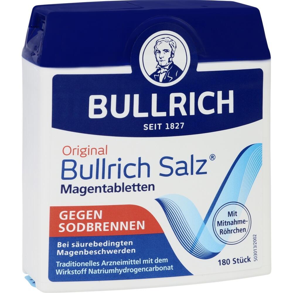Verpackung von Bullrich Salz gegen Sodbrennen, 180 Tabletten.