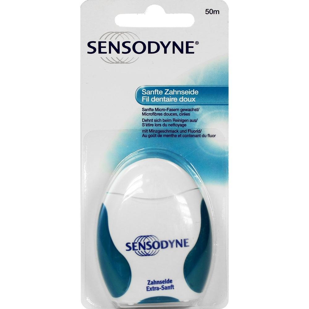 Verpackung von Sensodyne Zahnseide in blau-wei&szlig;em Design.