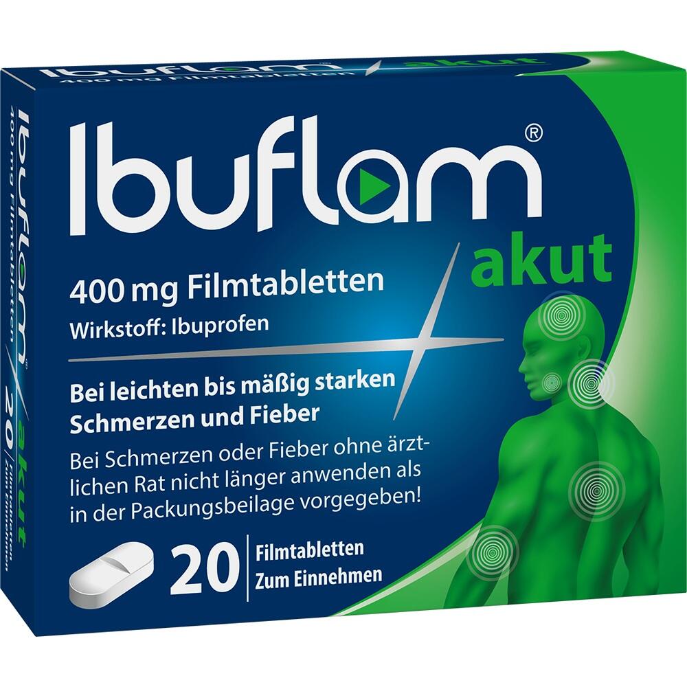Gr&uuml;ne Medikamentenschachtel mit Ibuprofen-Tabletten gegen Schmerzen und Fieber.
