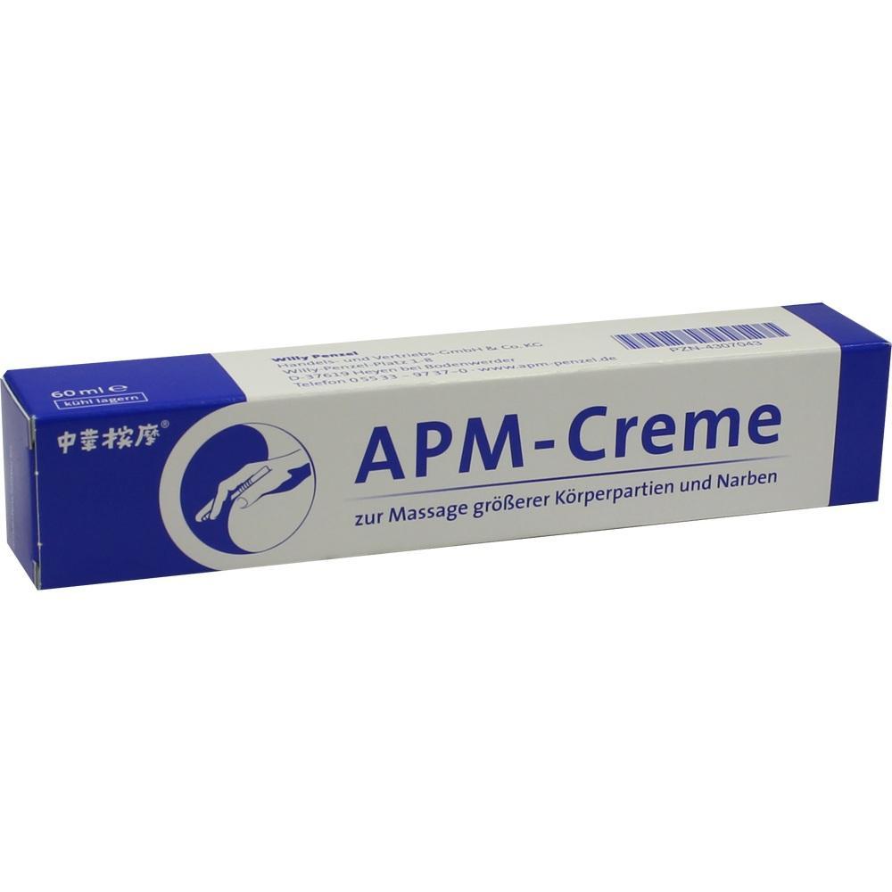 Eine wei&szlig;e und blaue Schachtel mit der Aufschrift "APM-Creme" zur Massage.
