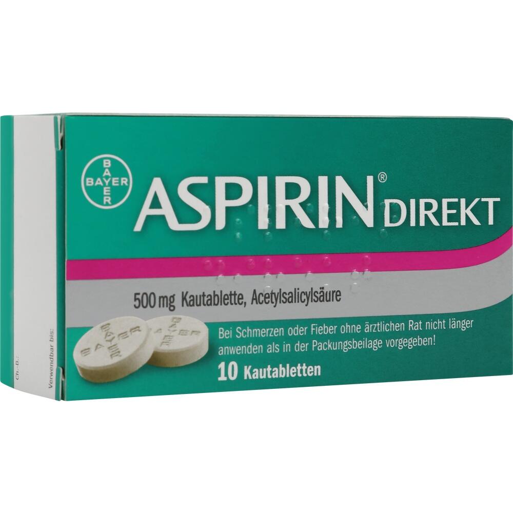 Eine gr&uuml;ne Aspirin-Direkt-Packung mit 10 Kautabletten.