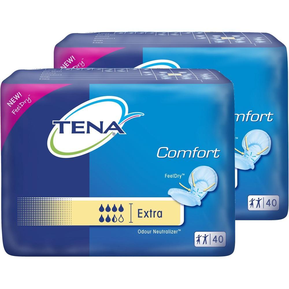 Zwei blaue Packungen TENA Comfort Windeln mit Extra-Saugkraft.