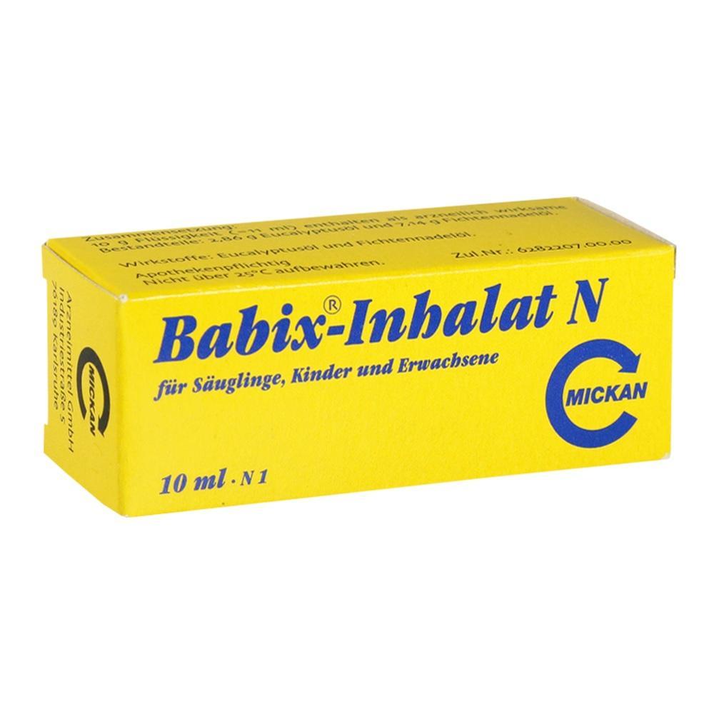 Gelbe Schachtel mit der Aufschrift "Babix-Inhalat N" f&uuml;r S&auml;uglinge, Kinder und Erwachsene.