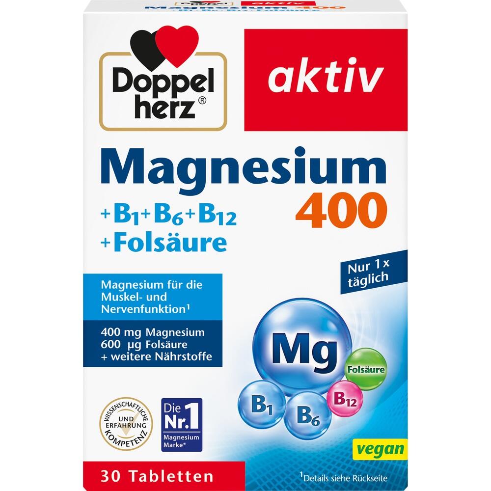 Auf der Verpackung steht "Doppelherz aktiv" mit Magnesium und Vitaminen.