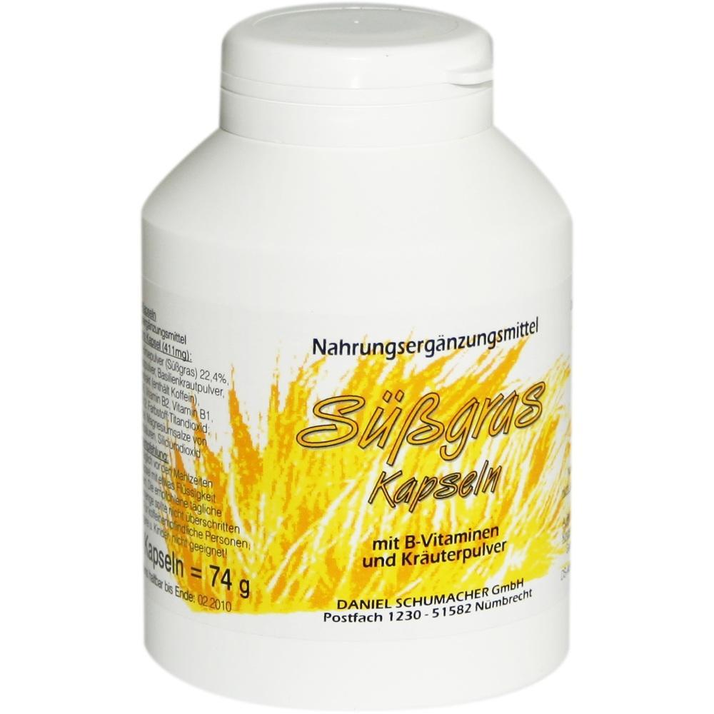 Wei&szlig;e Dose mit der Aufschrift "S&uuml;&szlig;gras Kapseln" und gelbem Grasmotiv.