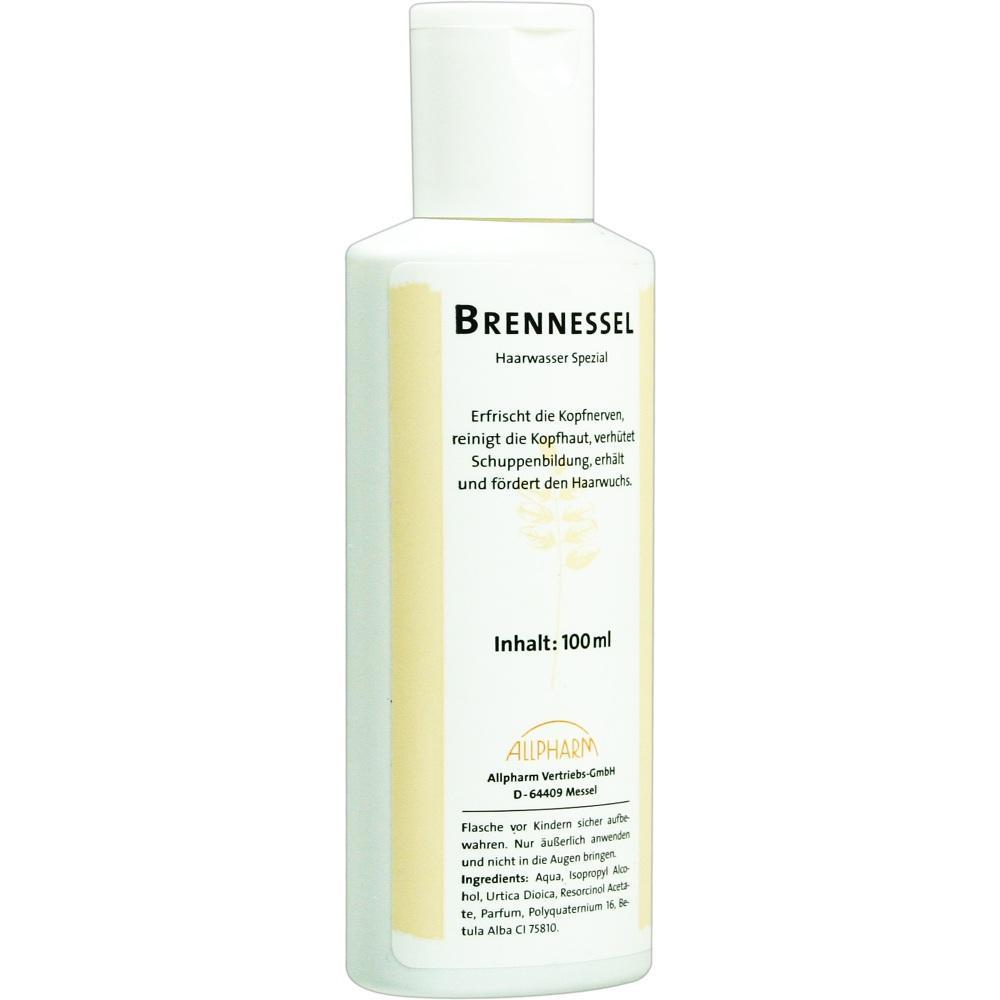 Wei&szlig;e Haarwasserflasche mit der Aufschrift "Brennessel, Inhalt: 100 ml".