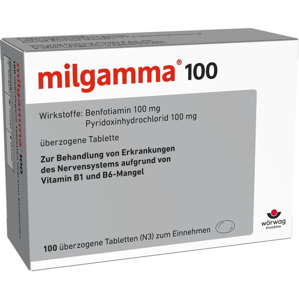 Eine wei&szlig;e Medikamentenschachtel mit der Aufschrift "milgamma 100".