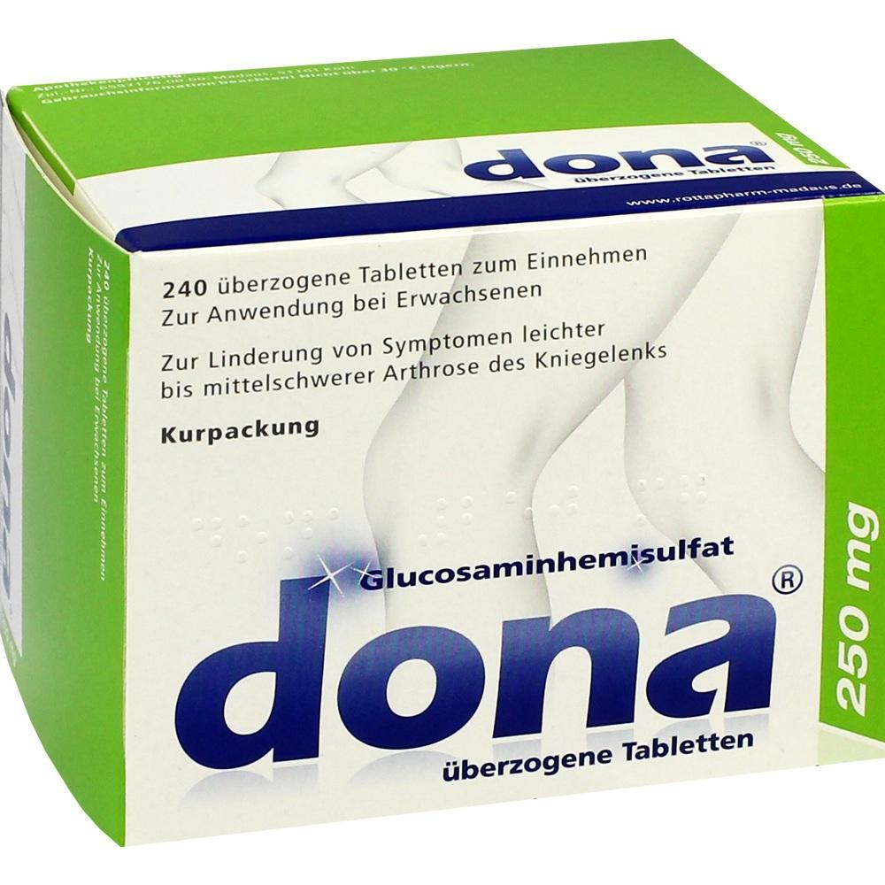 Grün-weiße Packung von "dona" Tabletten zur Linderung von Arthrose-Symptomen.