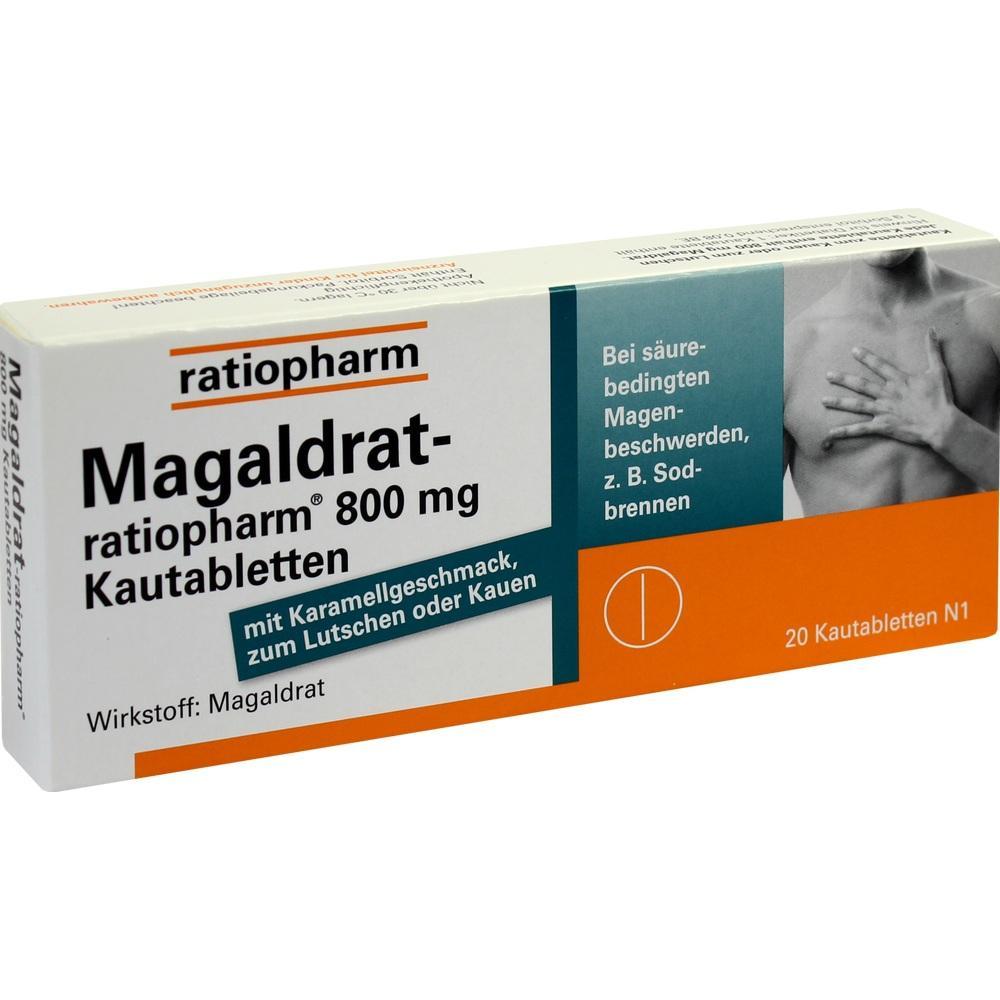 Eine Packung Magaldrat Kautabletten f&uuml;r Magenbeschwerden mit Karamellgeschmack.