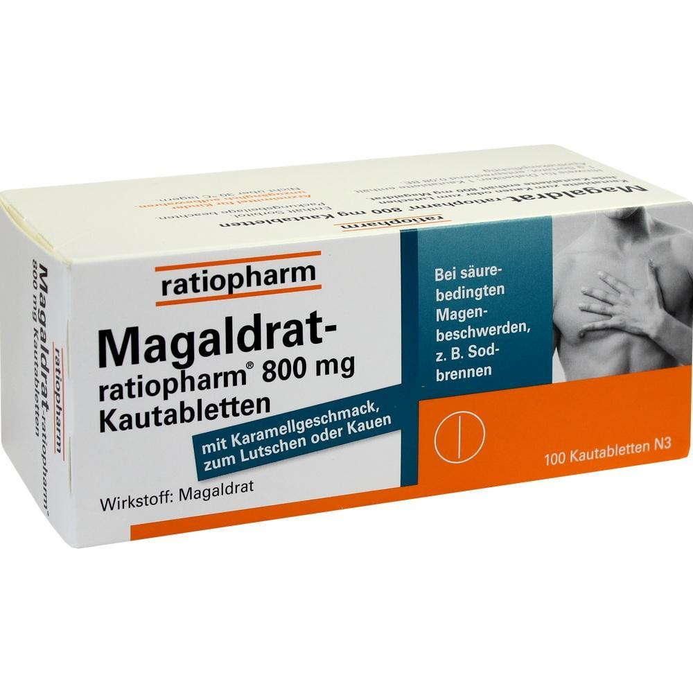 Verpackung von Magaldrat-Kautabletten gegen Sodbrennen, 800 mg, 100 Tabletten.