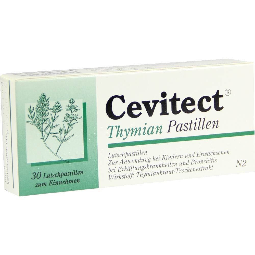 Packung mit Cevitect-Thymian-Lutschpastillen gegen Erk&auml;ltung.