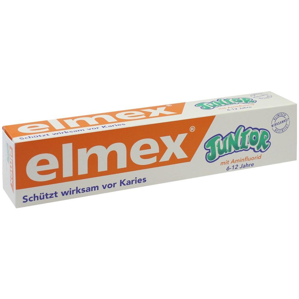 Eine Zahnpastatube f&uuml;r Kinder mit dem Namen "elmex Junior".