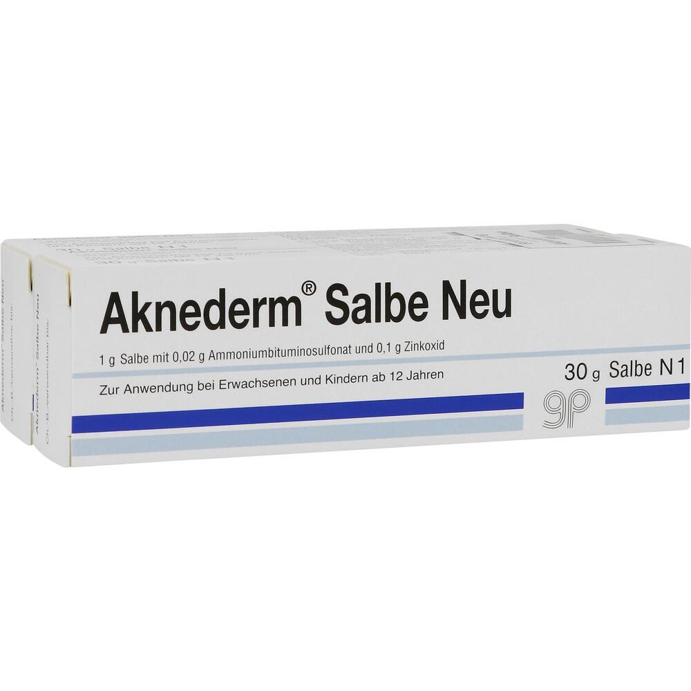 Wei&szlig;e Schachtel mit der Aufschrift Aknederm Salbe Neu gegen Akne.