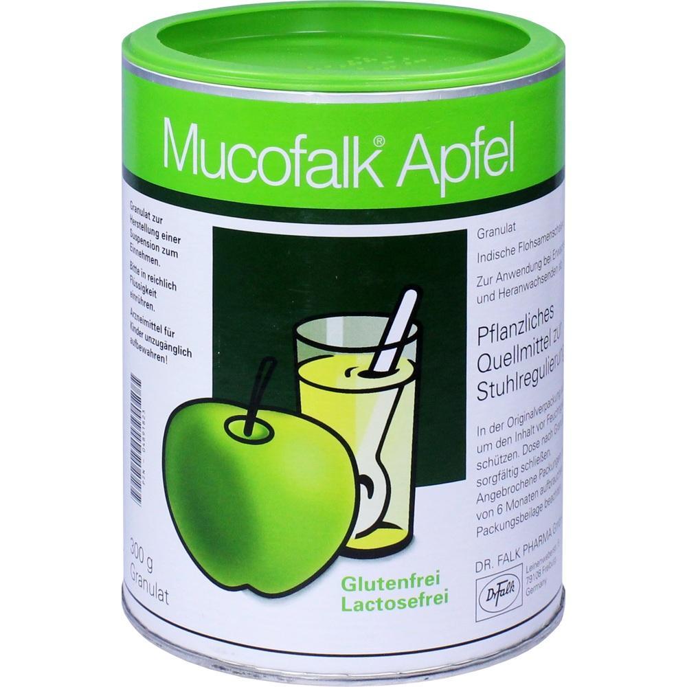 Eine Dose mit dem Aufdruck "Mucofalk Apfel" und Bildern von Apfel und Saftglas.