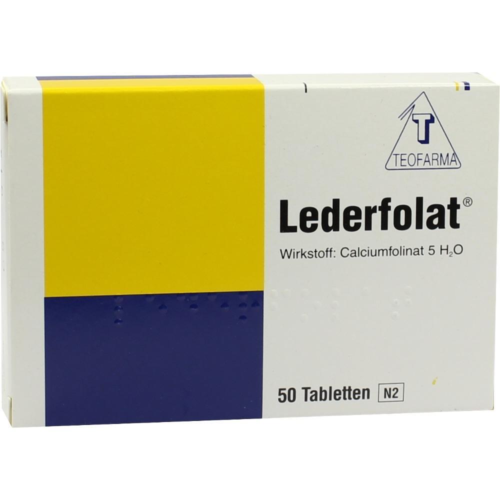Packung mit Medikamenten namens Lederfolat von Teofarma, enth&auml;lt 50 Tabletten.