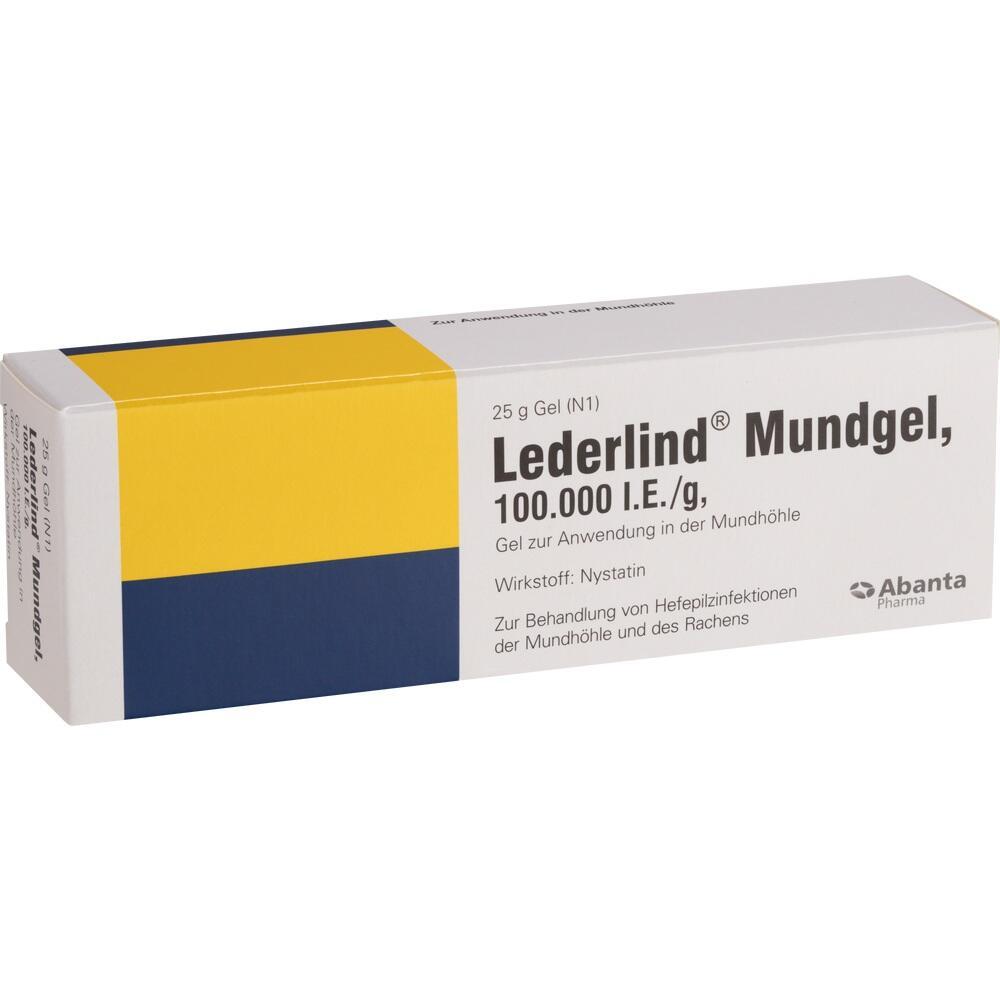Eine Packung Lederlind Mundgel zur Behandlung von Mundinfektionen.