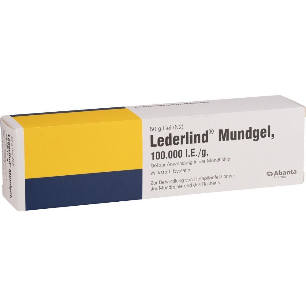 Eine Schachtel mit Lederlind Mundgel gegen Pilzinfektionen im Mund.