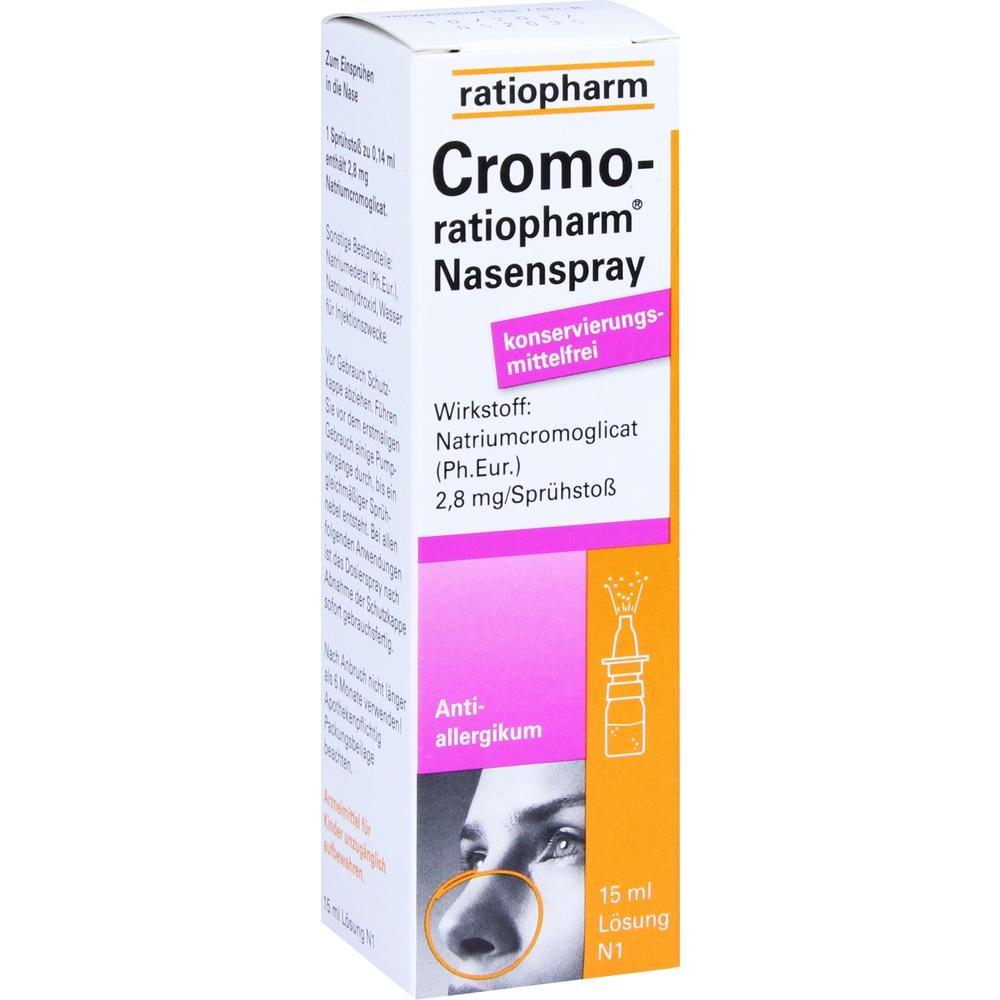 Eine Packung Cromo-ratiopharm Nasenspray gegen Allergien.