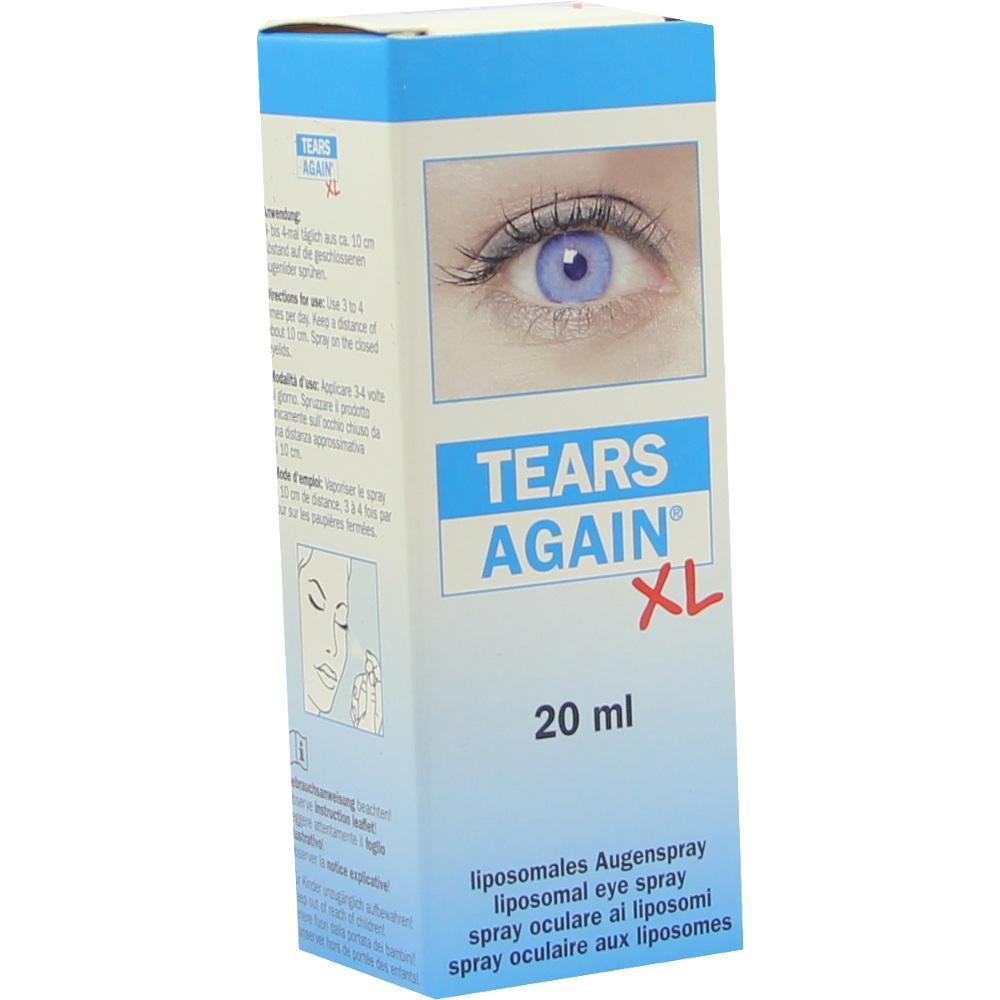 Eine Verpackung von Tears Again XL Augenspray mit einem Bild eines Auges.