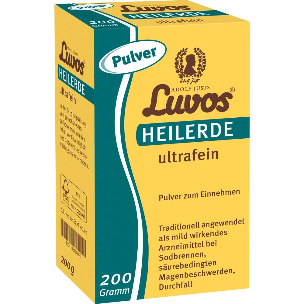 Gelbe Packung mit Luvos-Heilerde-Pulver zur Einnahme bei Magenbeschwerden.