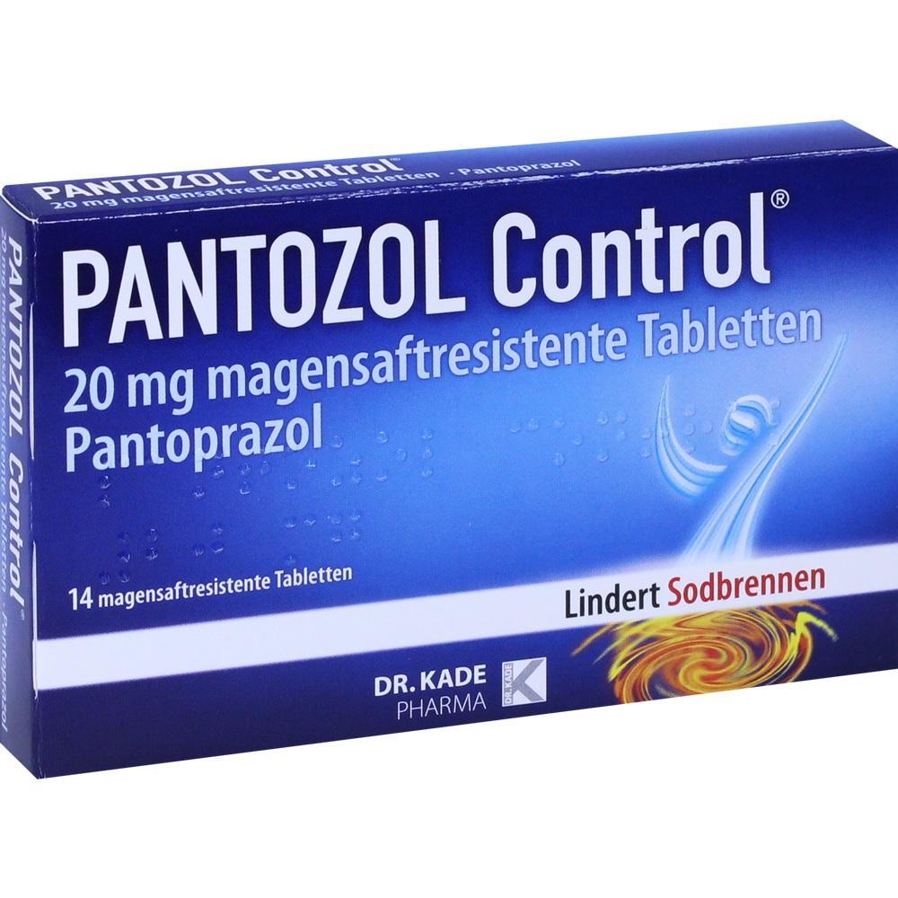 Blaue Medikamentenverpackung mit der Aufschrift "PANTOZOL Control" zur Linderung von Sodbrennen.
