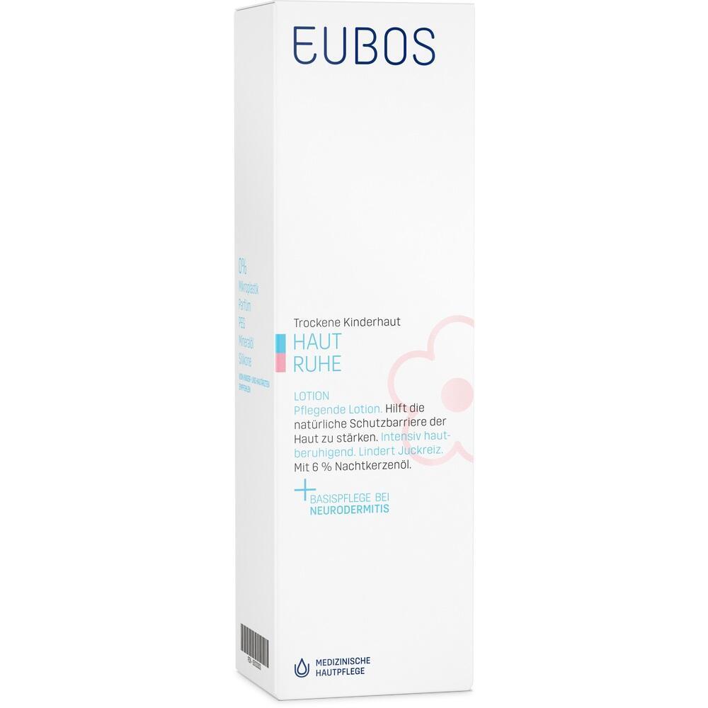Eine wei&szlig;e Lotion-Verpackung f&uuml;r trockene Kinderhaut von Eubos.