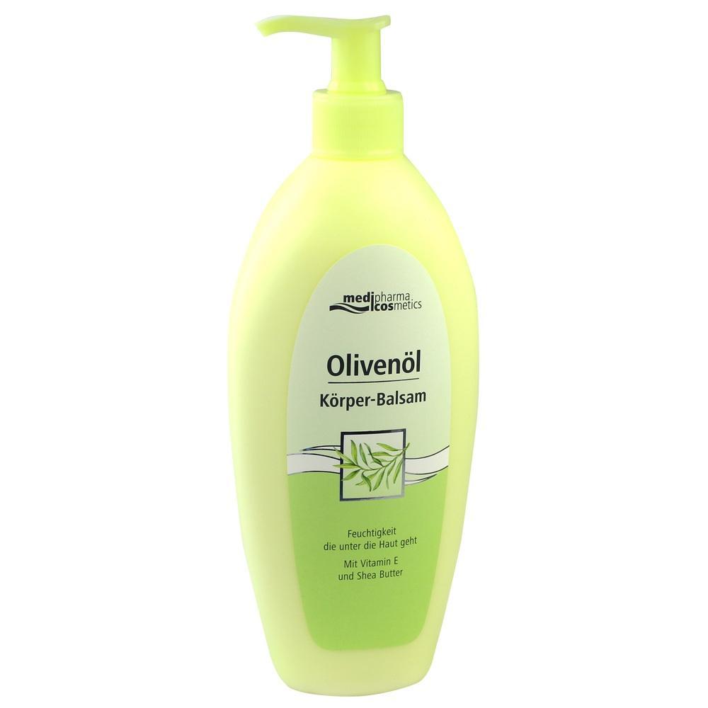 Gelbe Flasche mit Oliven&ouml;l-K&ouml;rper-Balsam und Spender.