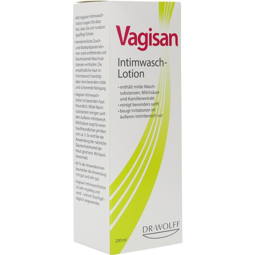 Eine Verpackung von Vagisan Intimwasch-Lotion mit Text und gr&uuml;nen Streifen.