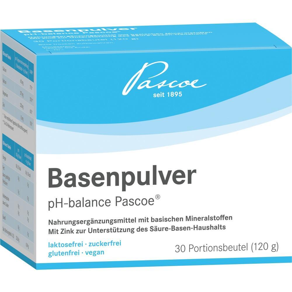 Wei&szlig;e Box mit der Aufschrift "Basenpulver" von Pascoe, enth&auml;lt 30 Beutel.