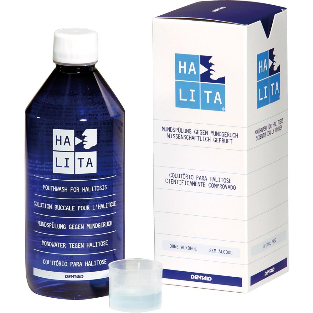 Eine blaue Mundwasserflasche neben einer wei&szlig;en Verpackung.