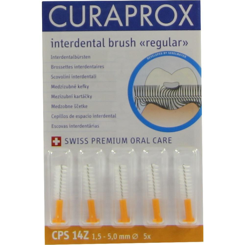 F&uuml;nf Interdentalb&uuml;rsten in einer Verpackung mit blauer Aufschrift "Curaprox".