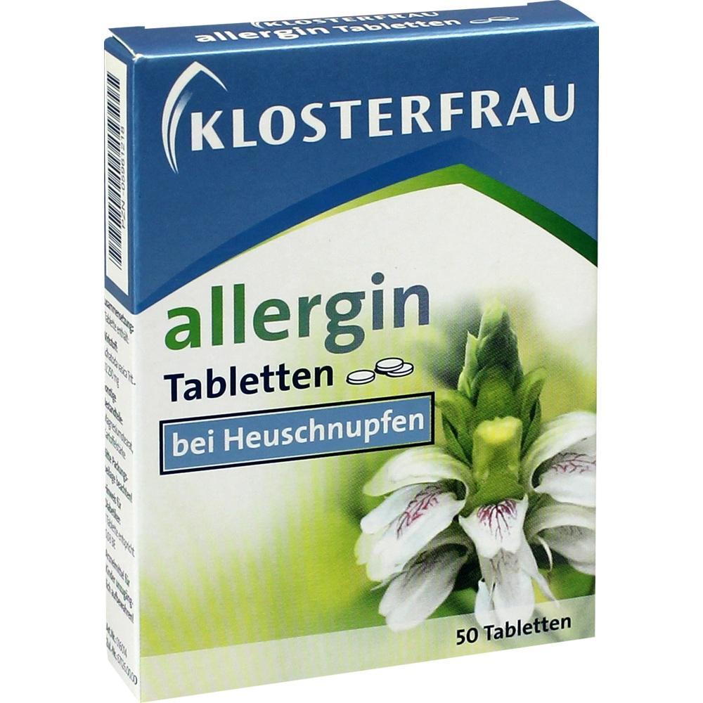 Schachtel mit Allergin-Tabletten gegen Heuschnupfen, vorne ist eine wei&szlig;e Blume abgebildet.