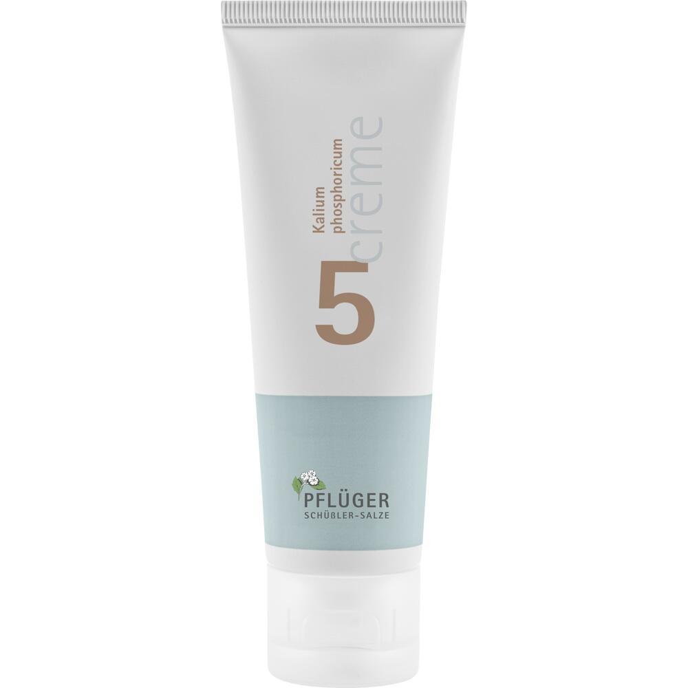Wei&szlig;e Cremetube mit der Aufschrift "Kalium phosphoricum 5" und blauem Streifen.
