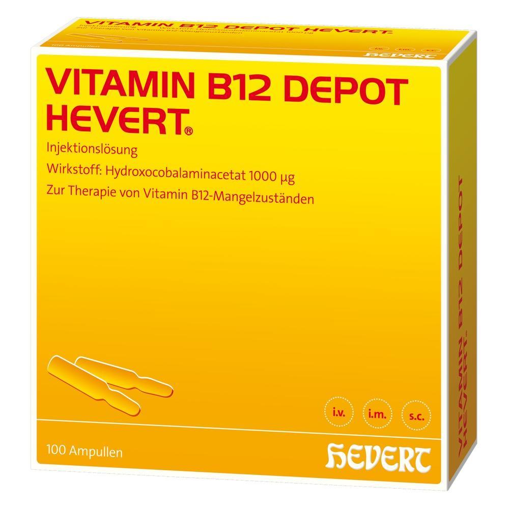Gelbe Packung mit der Aufschrift "Vitamin B12 Depot Hevert", enth&auml;lt Injektionsl&ouml;sung.