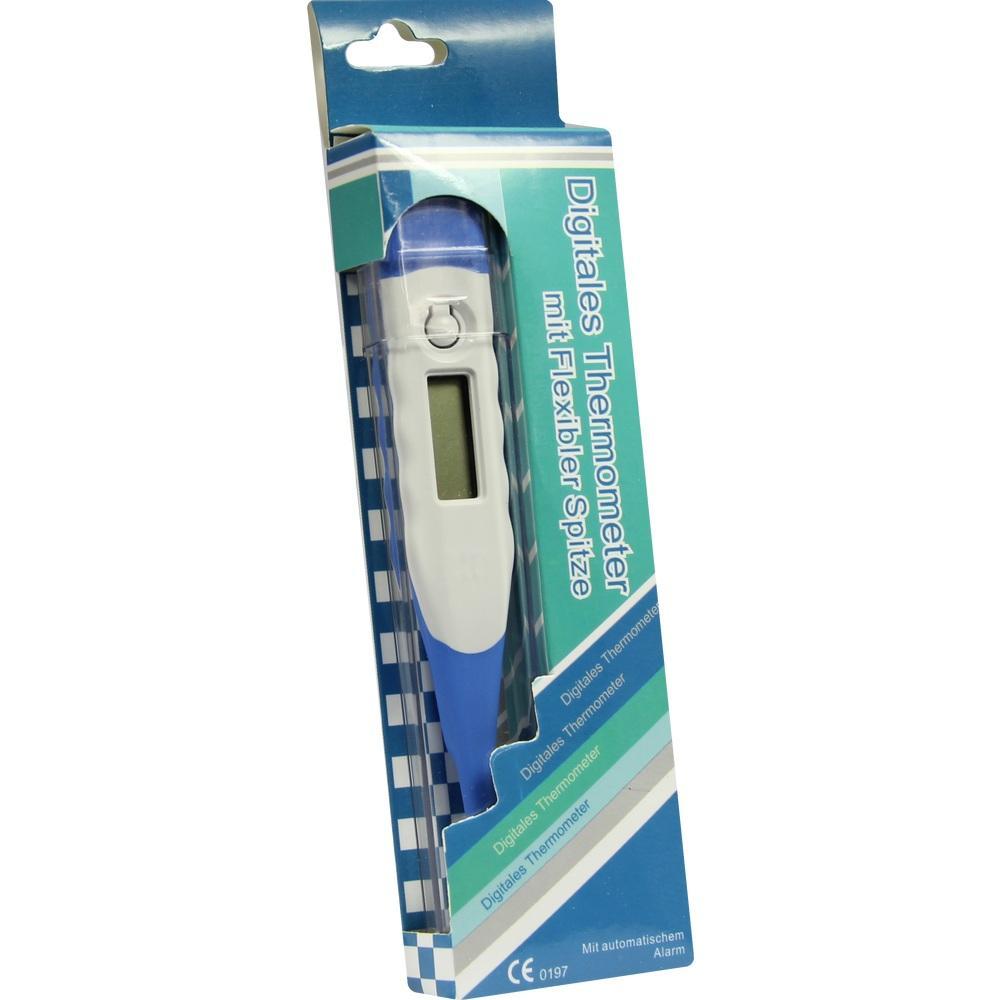 Verpacktes digitales Thermometer mit flexibler Spitze und blau-wei&szlig;em Design.
