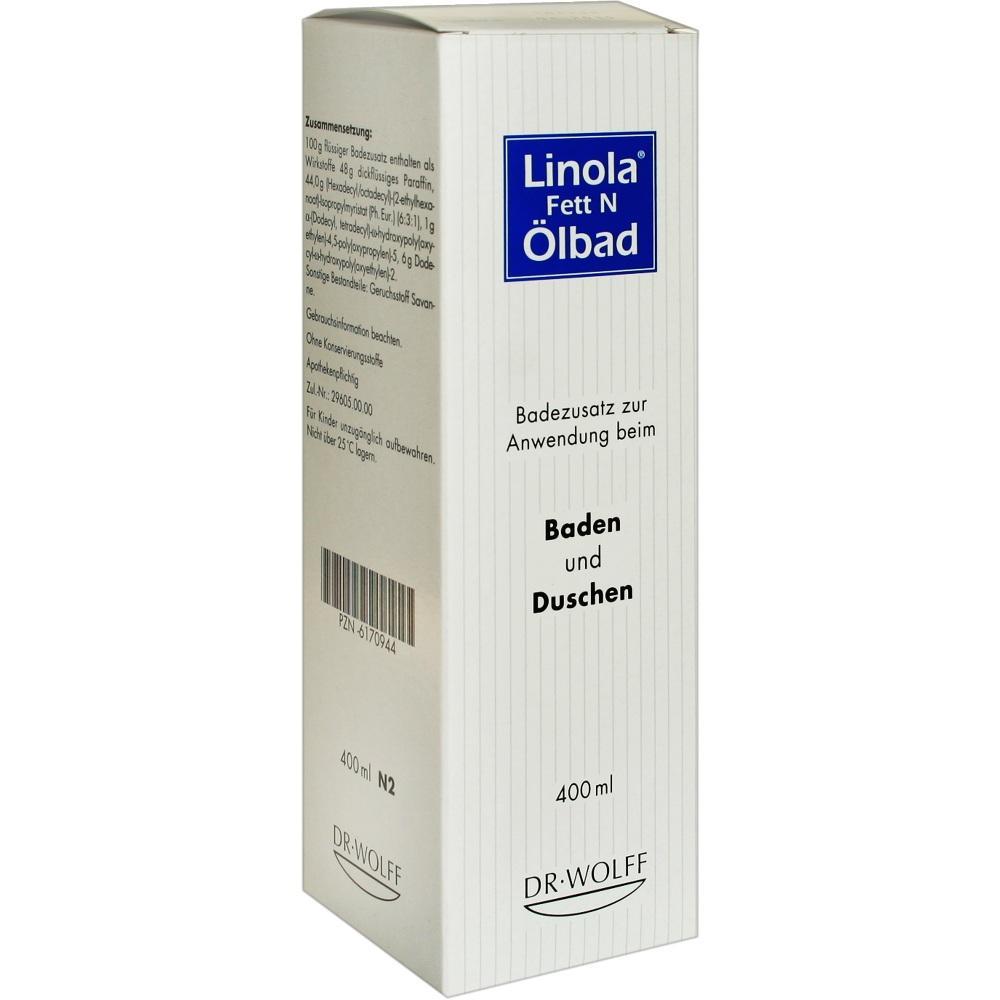 Wei&szlig;e Verpackung von Linola &Ouml;lbad f&uuml;r Baden und Duschen, 400 ml.