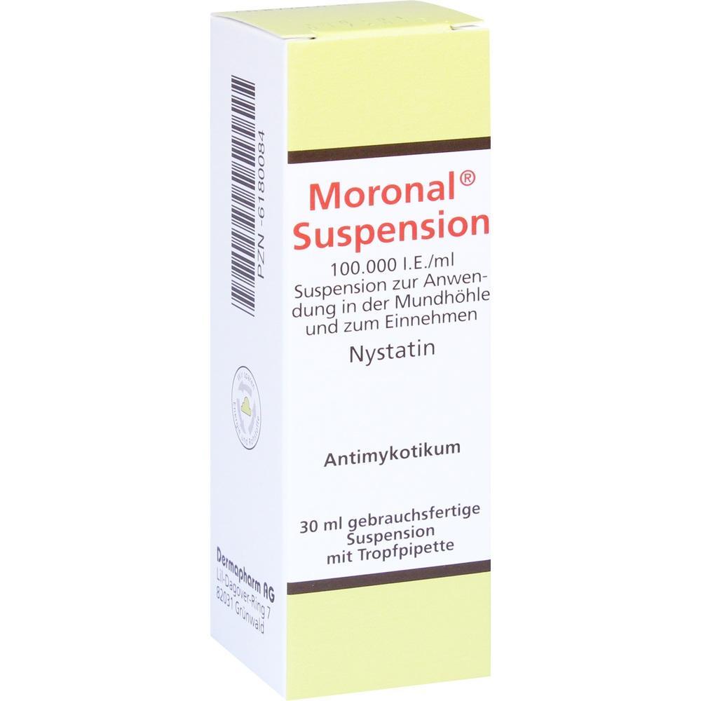 Die Verpackung zeigt Moronal Suspension, ein Medikament mit Nystatin gegen Pilzinfektionen im Mund.