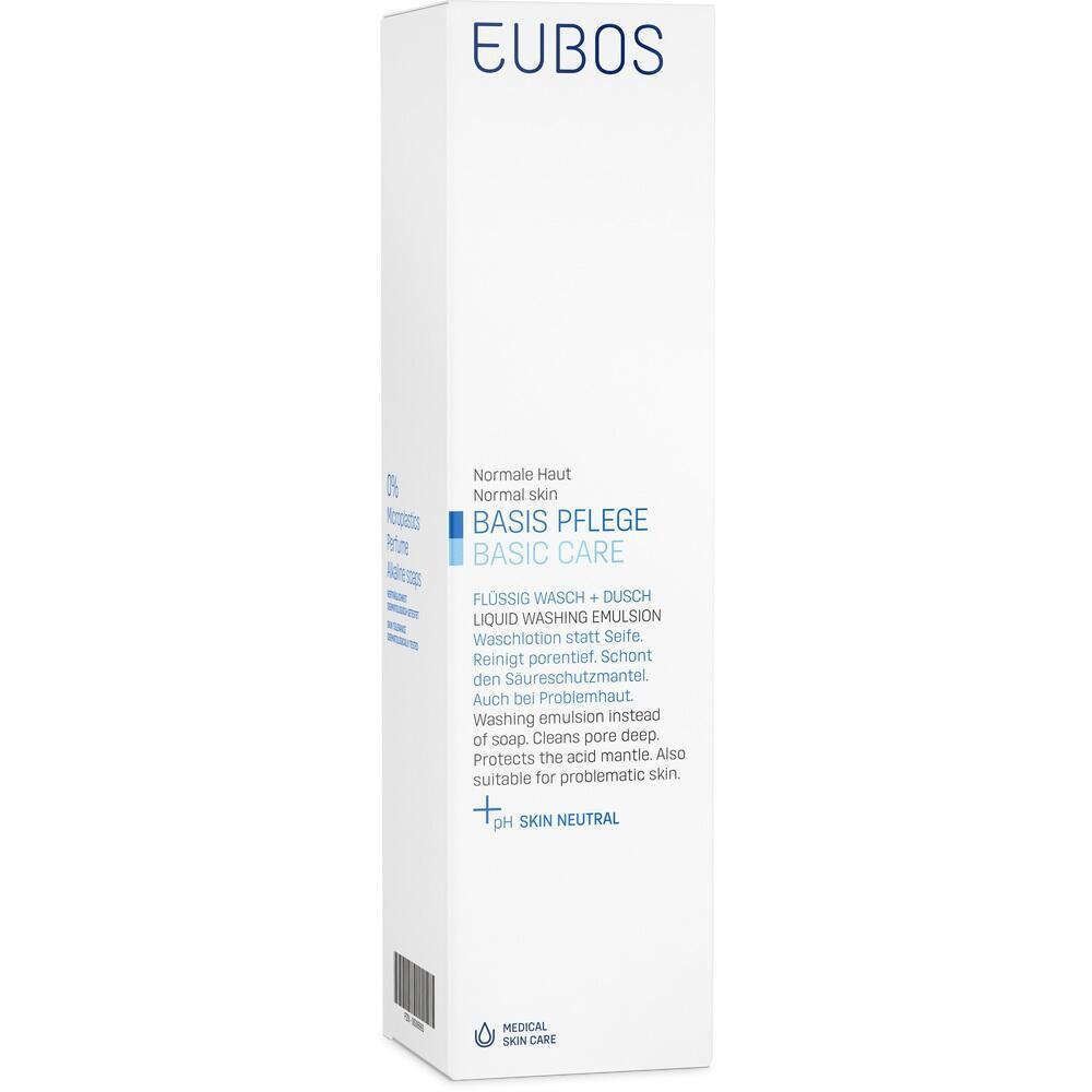 Wei&szlig;e EUBOS-Verpackung f&uuml;r fl&uuml;ssige Wasch- und Duschpflege f&uuml;r normale Haut.
