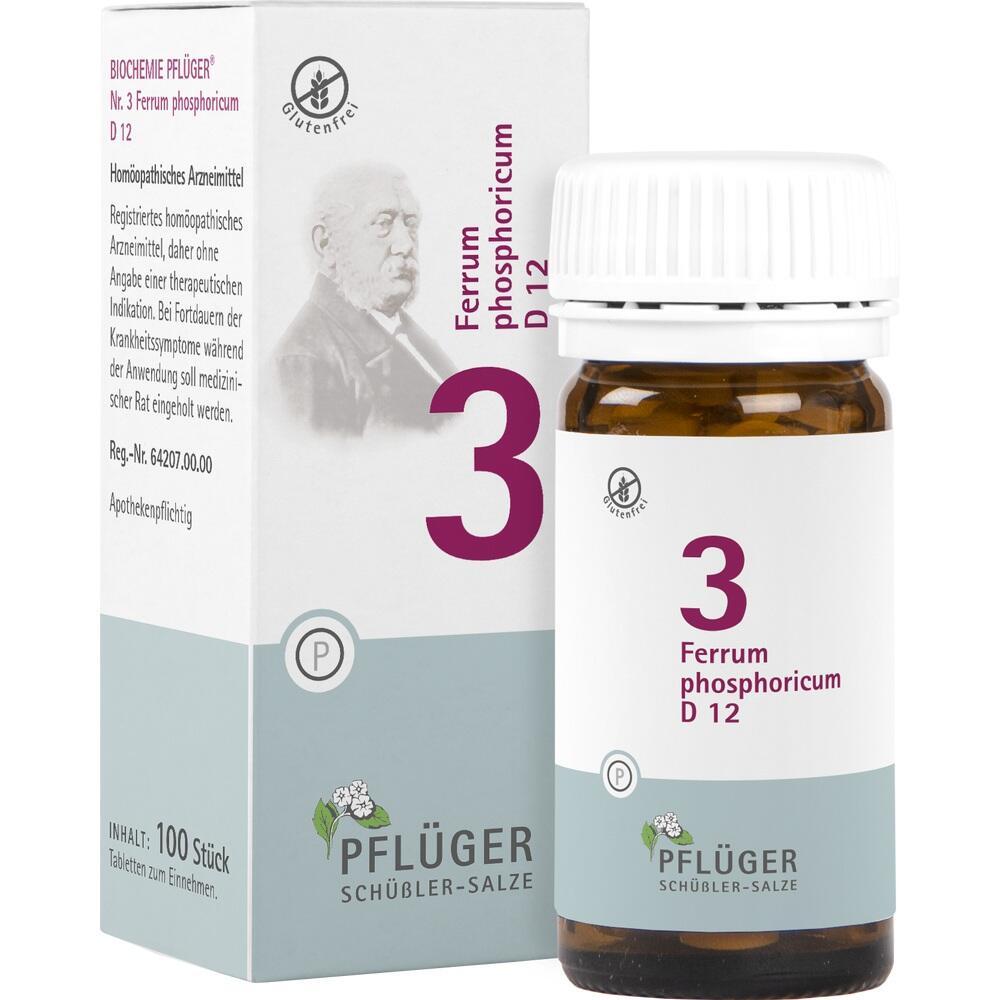 Glasflasche mit hom&ouml;opathischen Tabletten und wei&szlig;er Schachtel mit Aufschrift "Ferrum phosphoricum D 12".