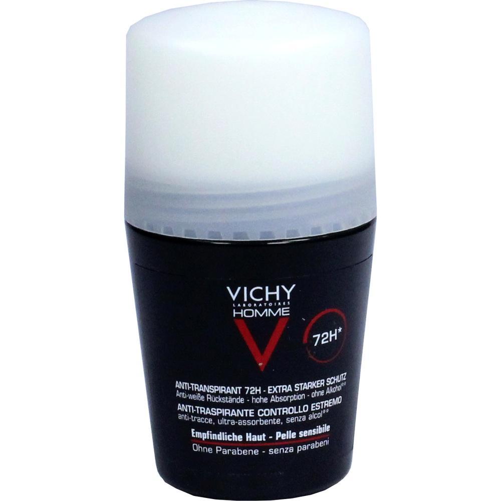 Schwarze Deoroller-Flasche mit wei&szlig;em Deckel und der Aufschrift "Vichy Homme 72H".