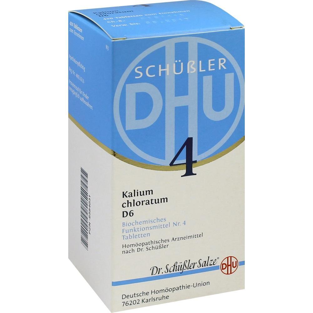 Verpackung von Sch&uuml;&szlig;ler-Salze Nr. 4, Kalium chloratum D6 Tabletten, in einer blauen und wei&szlig;en Box.