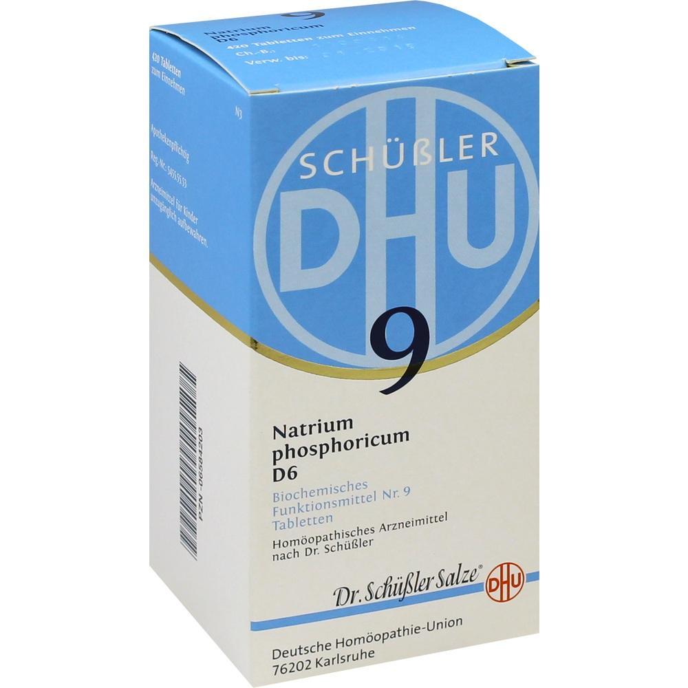 Eine Packung hom&ouml;opathische Tabletten von Sch&uuml;&szlig;ler Salze Nr. 9, Natrium phosphoricum D6.