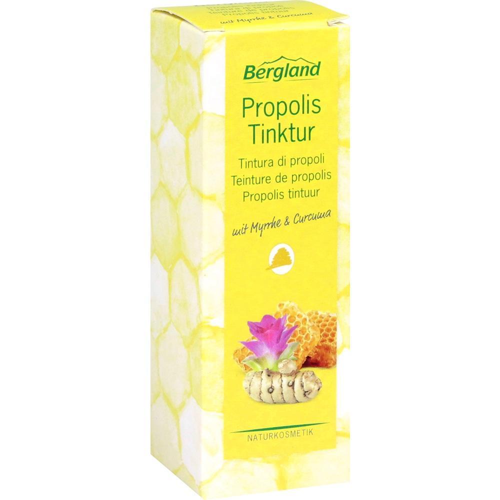 Gelbe Verpackung einer Propolis-Tinktur mit Myrrhe und Curcuma.