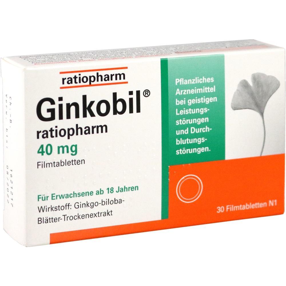 Verpackung von Ginkobil Tabletten, ein pflanzliches Mittel f&uuml;r Erwachsene bei Leistungsst&ouml;rungen.
