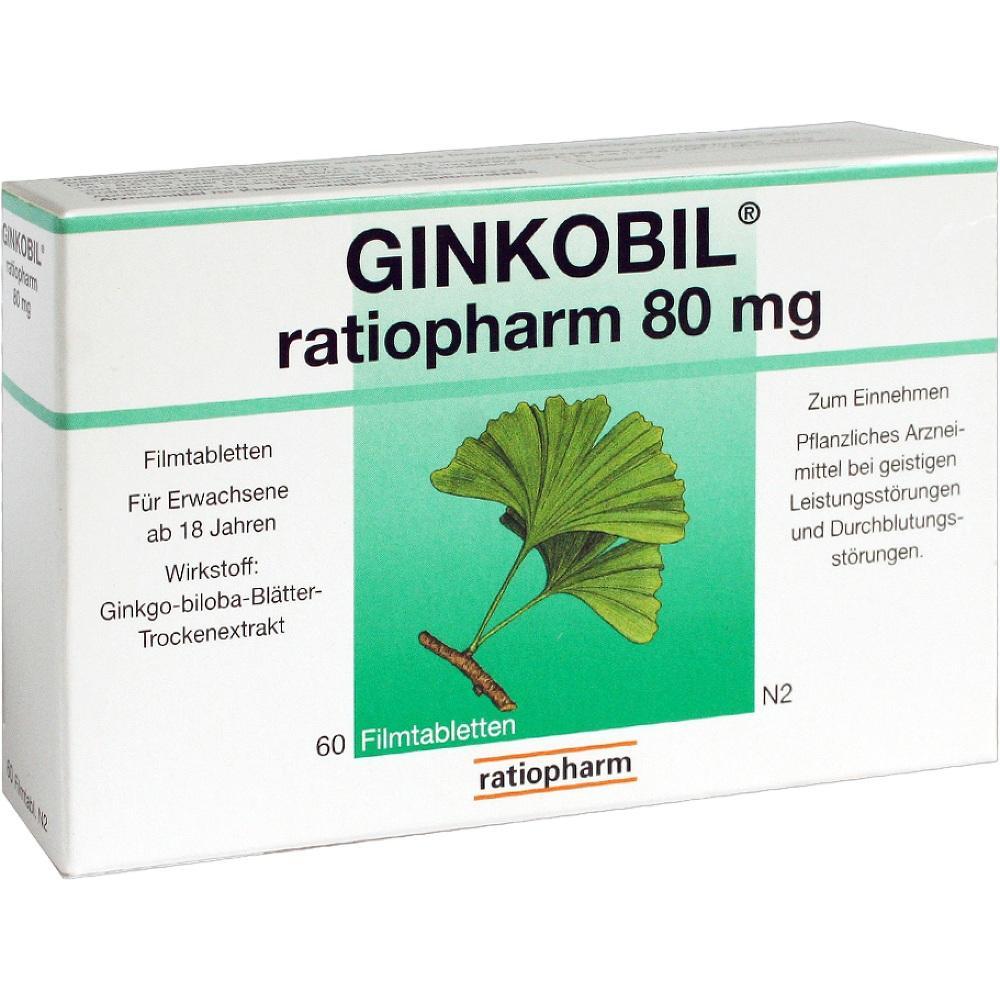 Schachtel mit Ginkobil-Tabletten von Ratiopharm zur Unterst&uuml;tzung der Durchblutung.